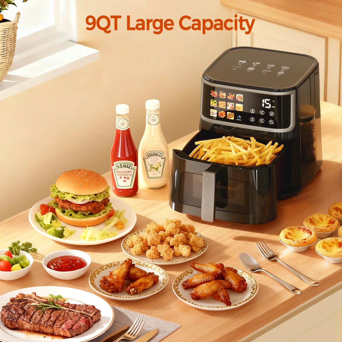 Patbrela Non-fat fryer 8L Large Hot Air Frye with Led Screen 11 Preset Functions Roast Bake Dehydrate Reheat Quiet Non-Stick