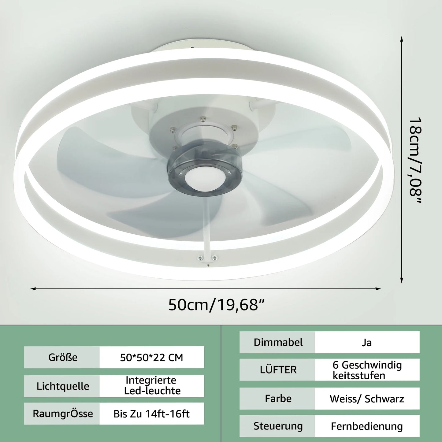 50W Round Quiet ceiling fan with lighting, 50cm LED ceiling lamp with fan, living room fan dimmable with remote control