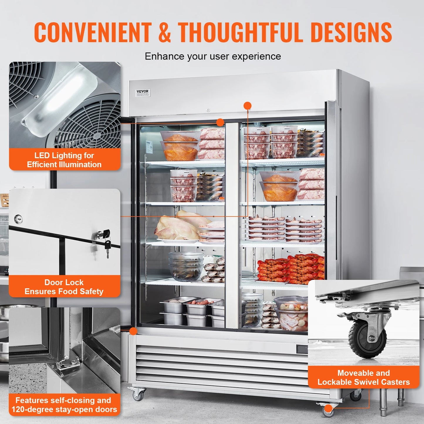SucceBuy 1252L Commercial Freezer Upright Freezer 2 Doors Auto-Defrost Stainless Steel with 8 Adjustable Shelves for Commercial