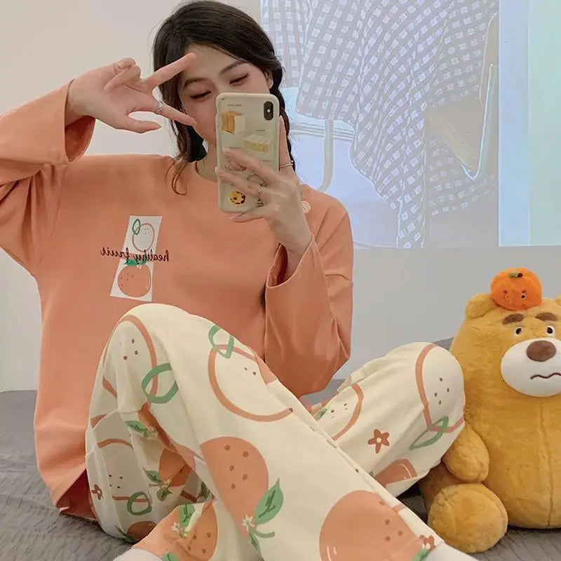Spring and Autumn New Ladies Ins Style Pajamas Homewear Set Cartoon Girl Long-Sleeved Long Pants Korean Pajamas Homewear Set