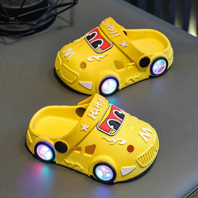 Children's Slippers 2026 Summer New Boys' Car Shaped Wheels Will Light Up Anti Slip Soft Bottom Baby Beach Slippers