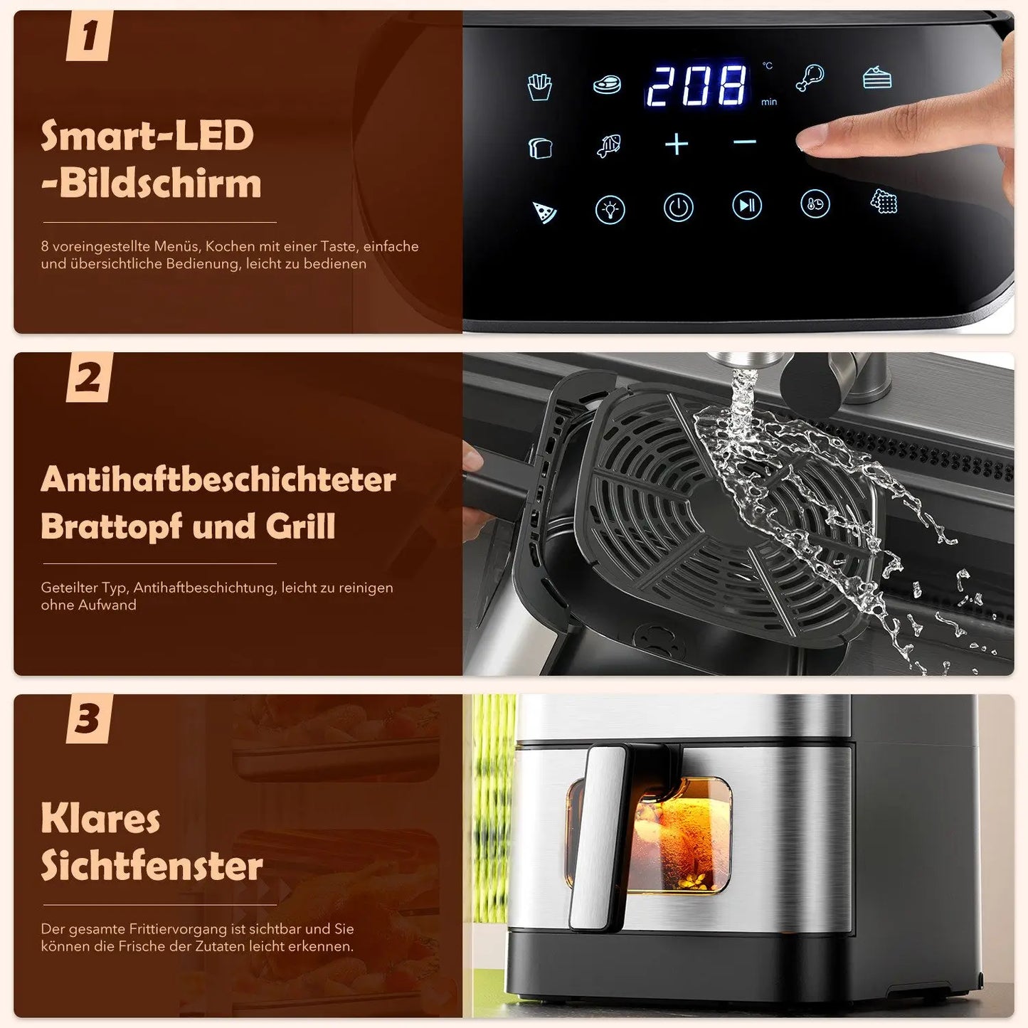 Hot Air Fryer 8L, Oil-Free Airfryer 1800W, 10 Cooking Modes, 80-200°C, Baking, Roasting, Grilling, Defrosting