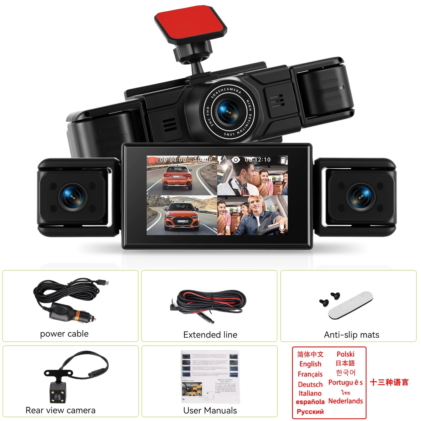 Podofo 3'' 1080P Car Dash Cam Loop Recording Night Vision Car Recorder 4 Lens Reversing Help Motion Detection Parking Monitor