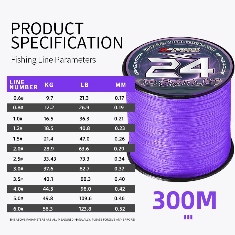 YGKX New Fishing Lines 24 Strands Braided PE Japan Smooth Multifilament Line 300/500/1000M Sea Fishing Carp Fly Wire line Tool