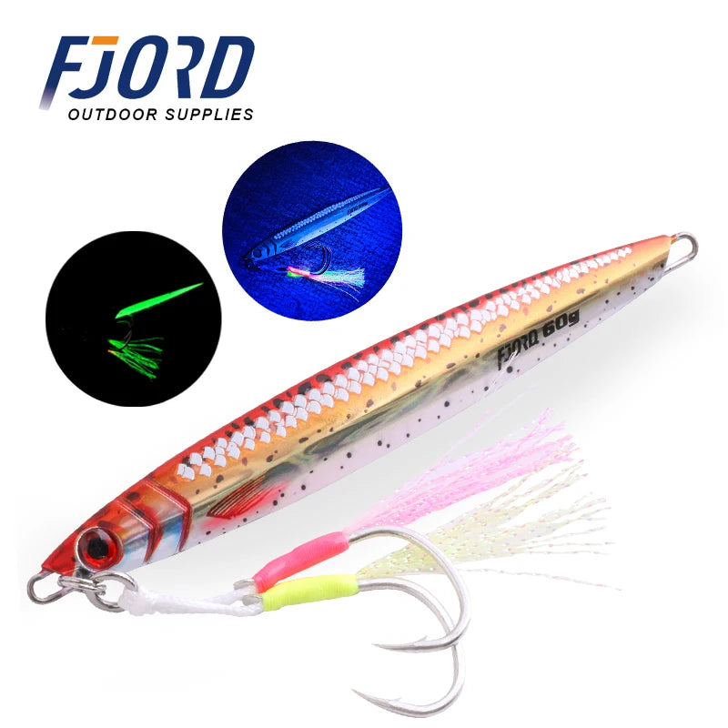 FJORD 3D Printing Metal Jig Night Glow Vertical Jig 40g 60g 80g Laser Strong Glow Silk UV Point Pike Hook Fishing Lure Supply
