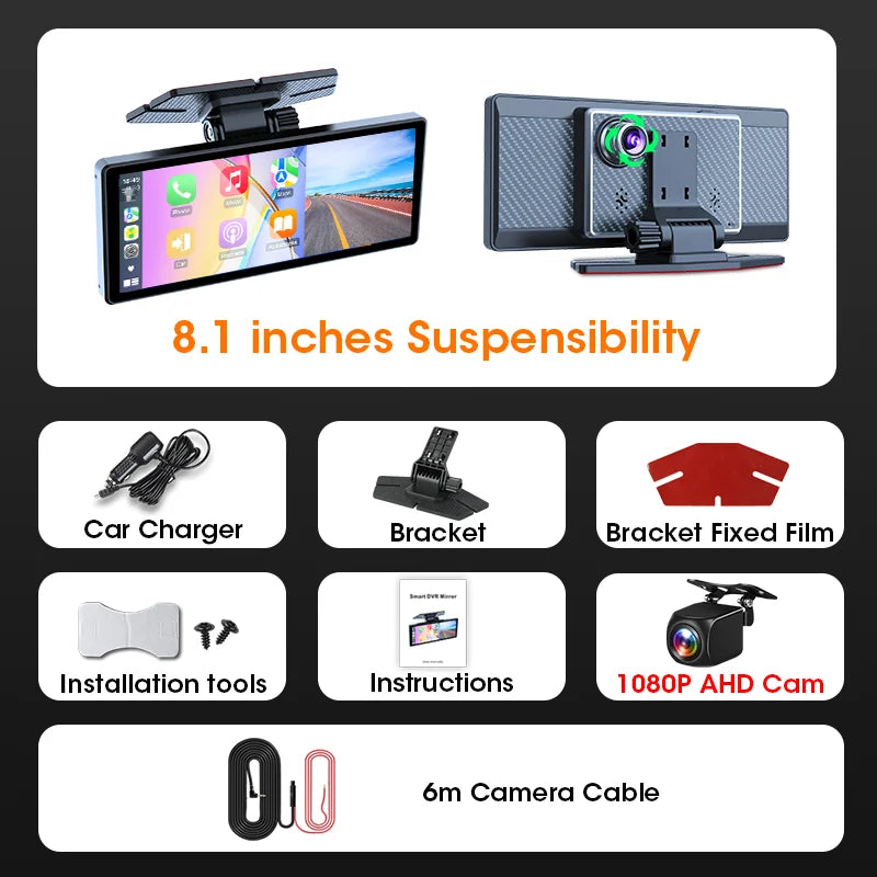 8.1 inch Wireless Carplay&Android Auto 2.5K Car DVR Multimedia 5G WIFI Dashcam Rearview Camera GPS Navigation Dashboard FM AUX