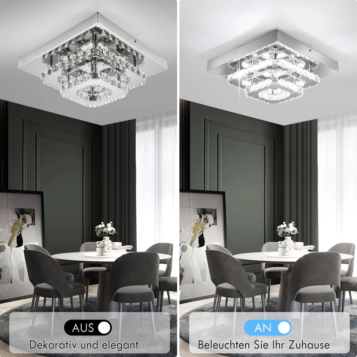 Kristall-LED-Deckenleuchte, moderne Kristalllampe K9 Edelstahl 36W Deckenlampen für Küche, Schlafzimmer, Durchmesser 30 cm