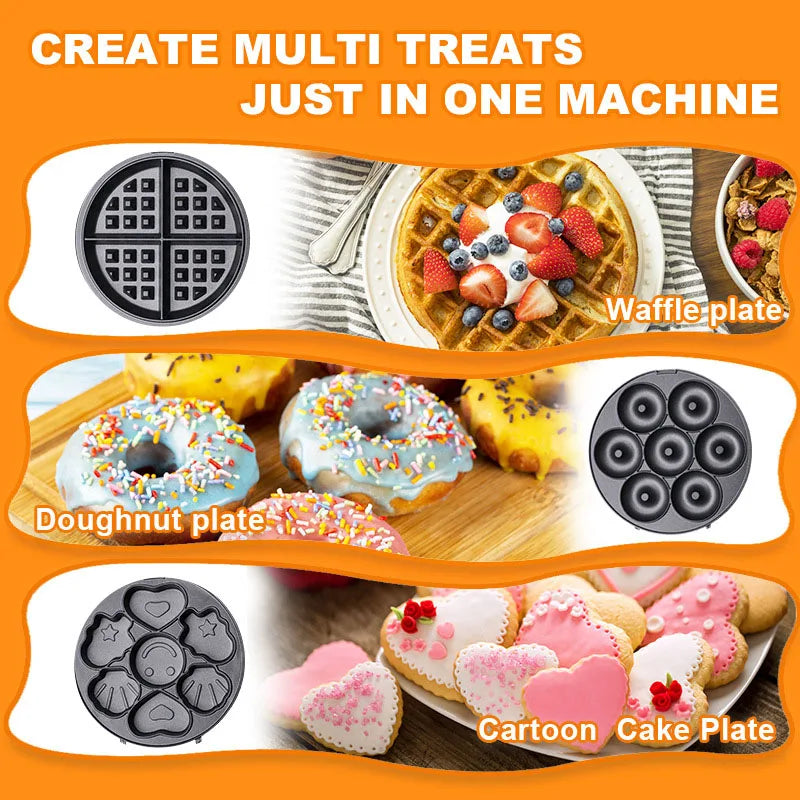 3in1 Breakfast Machine Double side heating Non-stick Grill Sandwich Waffle Maker Cartoon Cake Donut Baking Oven Dessert Toaster