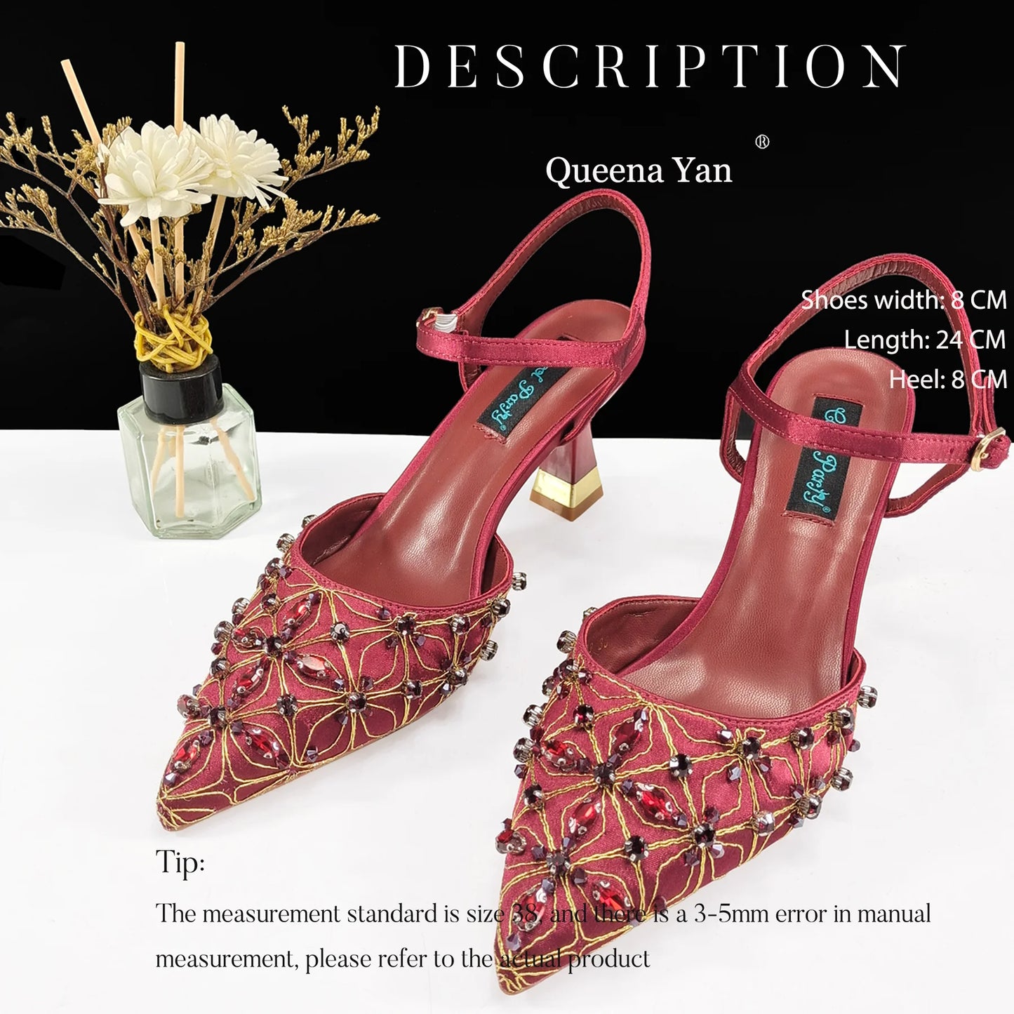 Queena Yan The best gift: Sweet Design Embroidered Beaded Pointed Toe Shoes Comfortable Square Heel Sandals