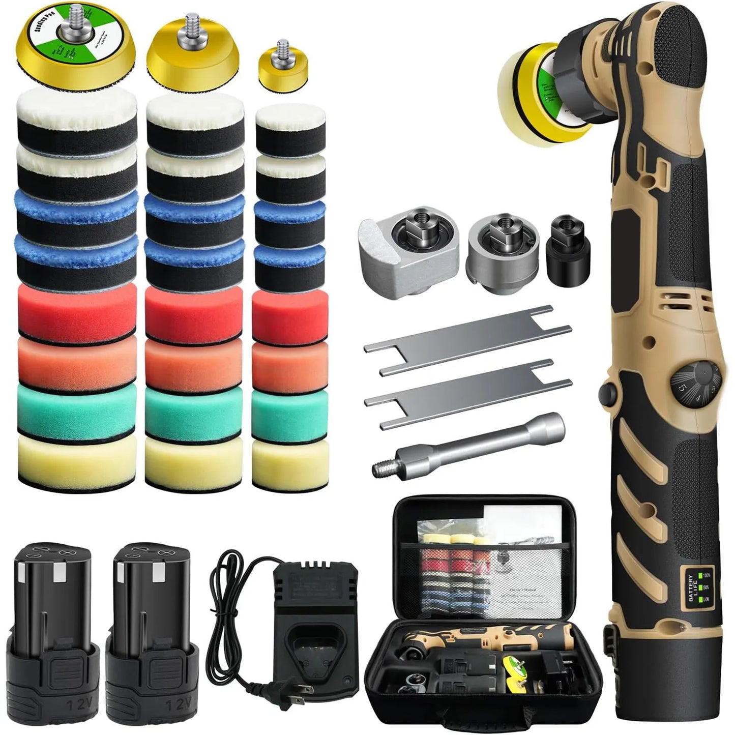 TKKEACE Cordless Mini Car Polisher 110-240V 12V Micro Cordless Scratches Killer DA/RO Car Polisher 11 Speed 1/2/3inch 30 Pads