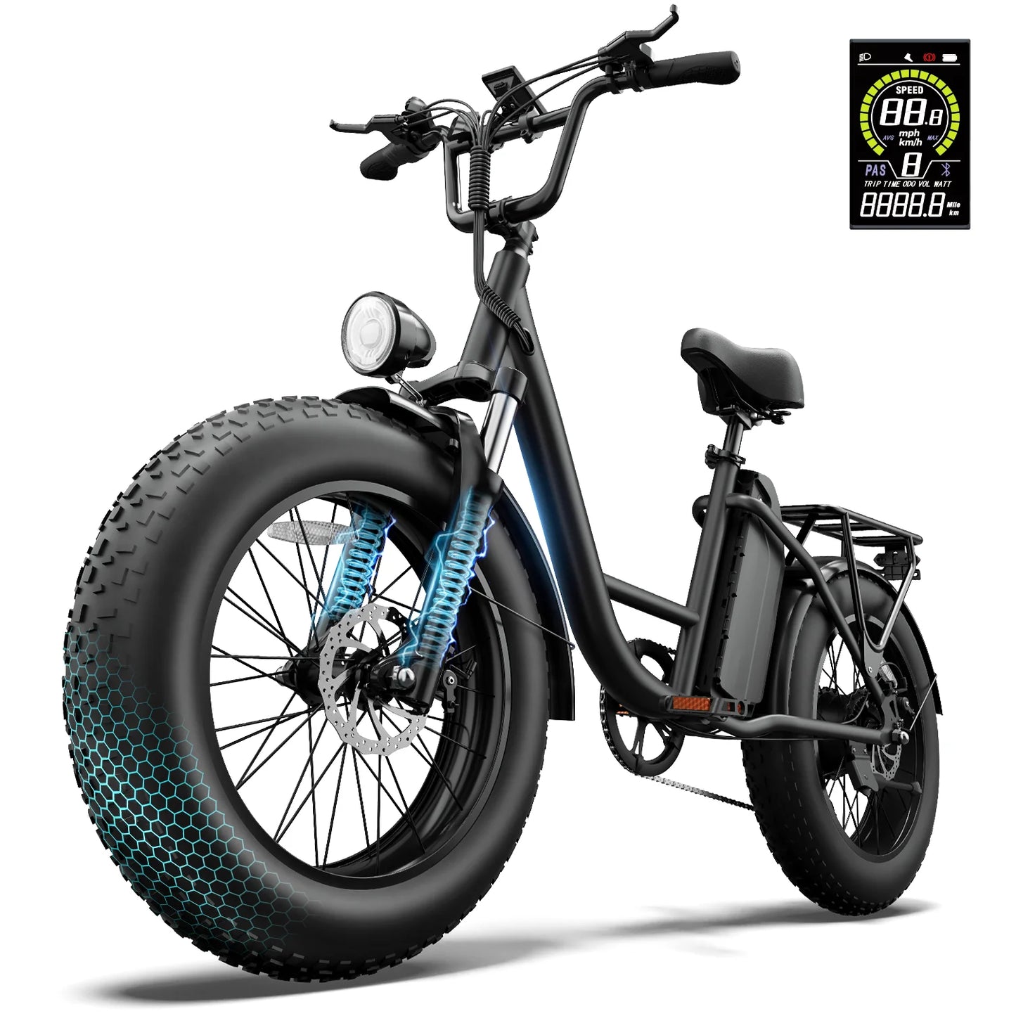 URLIFE E20PRO All-Terrain 20" Fat Tire E-Bike 1500W Motor 48V 15.6Ah Battery 100 Mi Range Color Display & Front Suspension