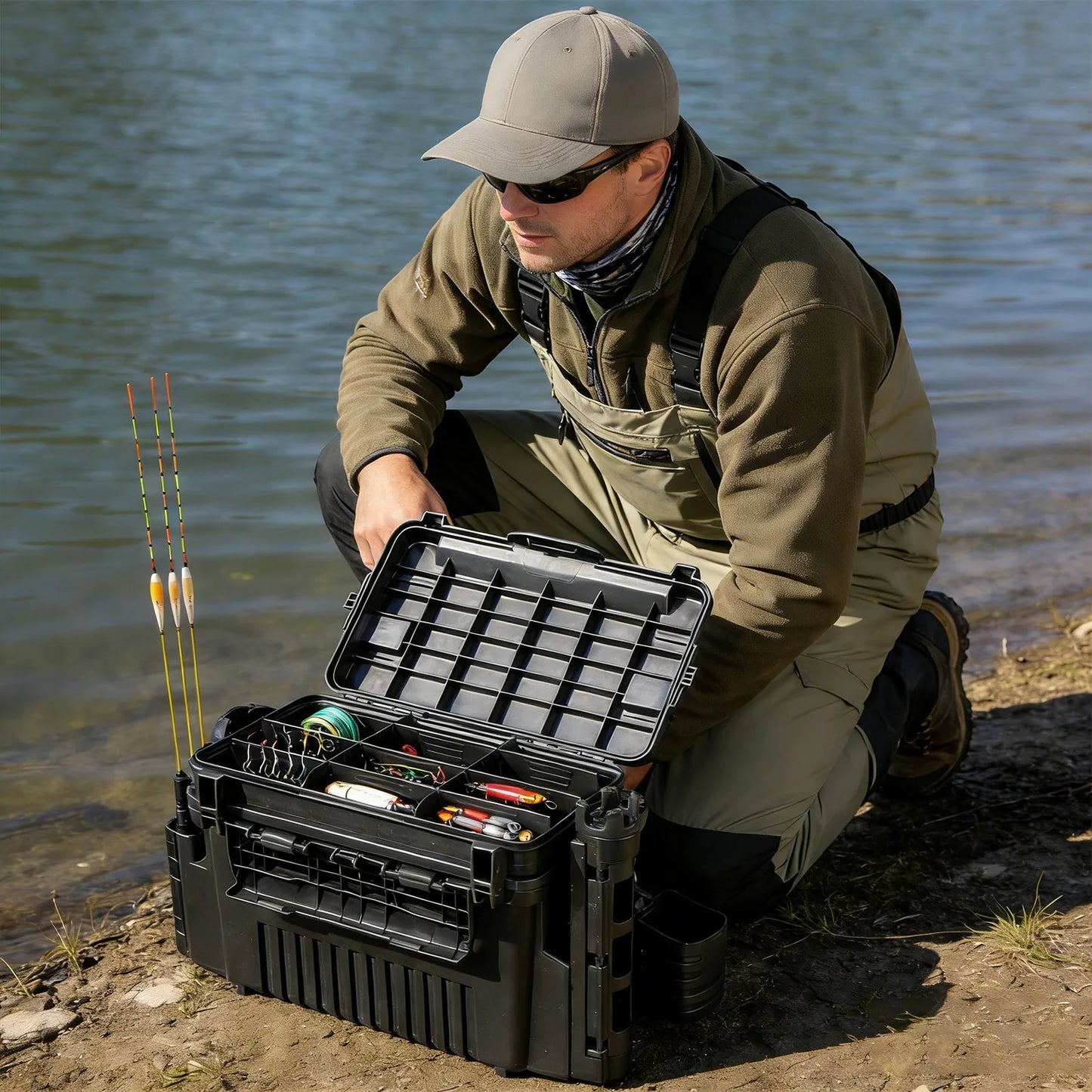 Double Layer Fishing Tackle Box Portable Waterproof Fishing Gear Storage Case with Adjustable Dividers, Rod Holders & Cup Holder