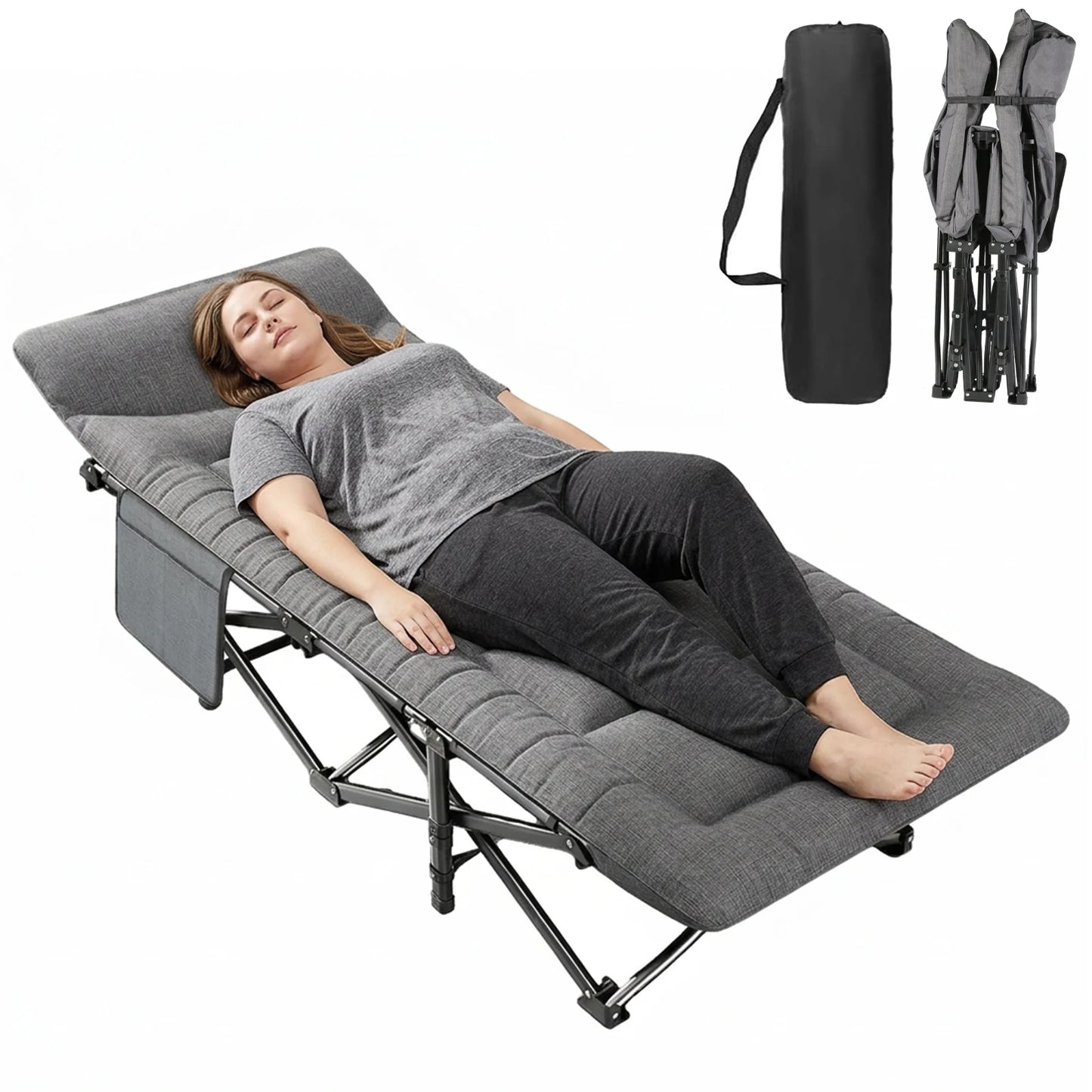 Outdoor Extra Large Single Bed Gear Adjustable Position Portable Foldable Camping Bed with Pillow Heavy Duty Strong Frame Bed