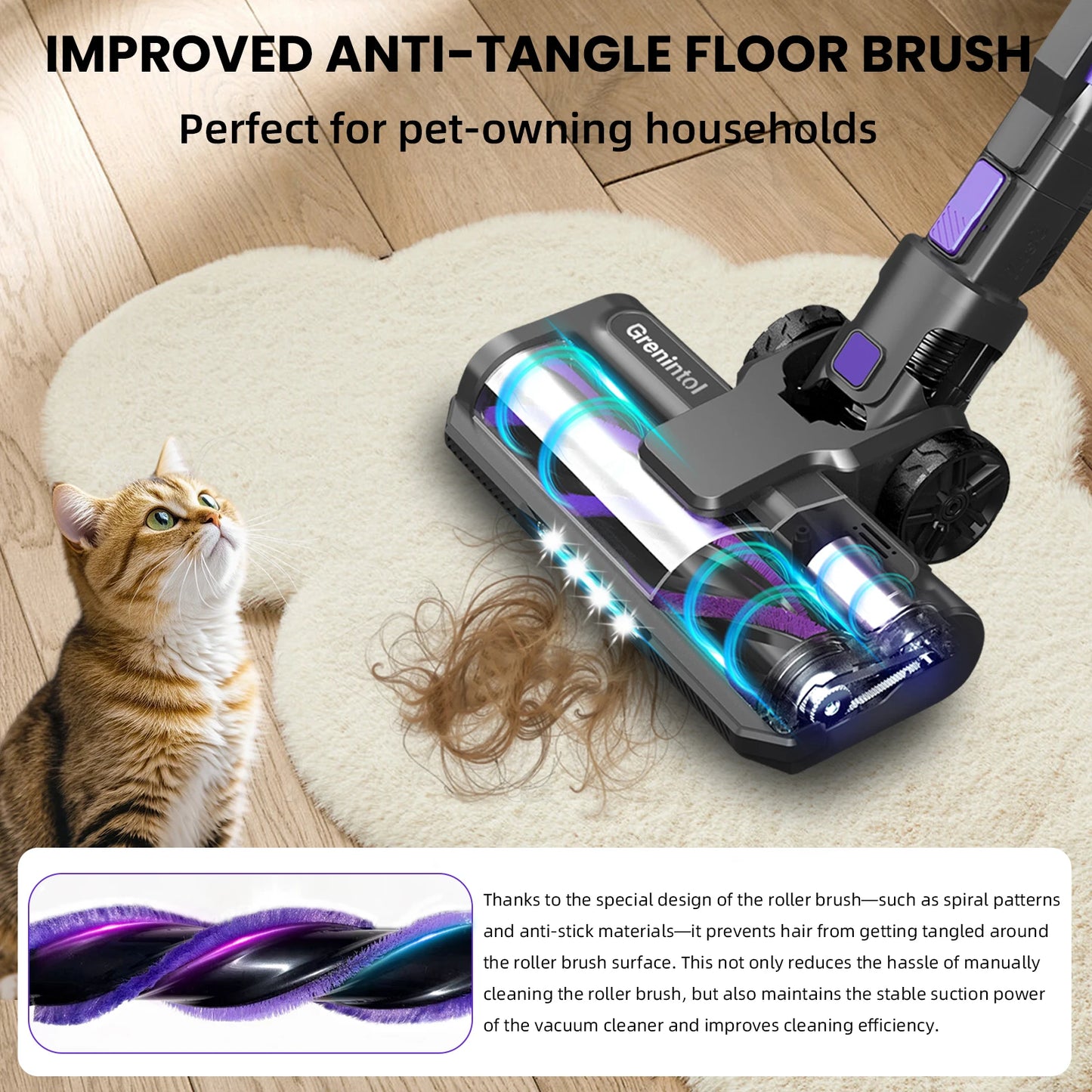 Grenintol S119 Cordless vacuum cleaner Portable | 500W/75kPa Strong Suction | Bending 3-Step Setting | Pet Friendly