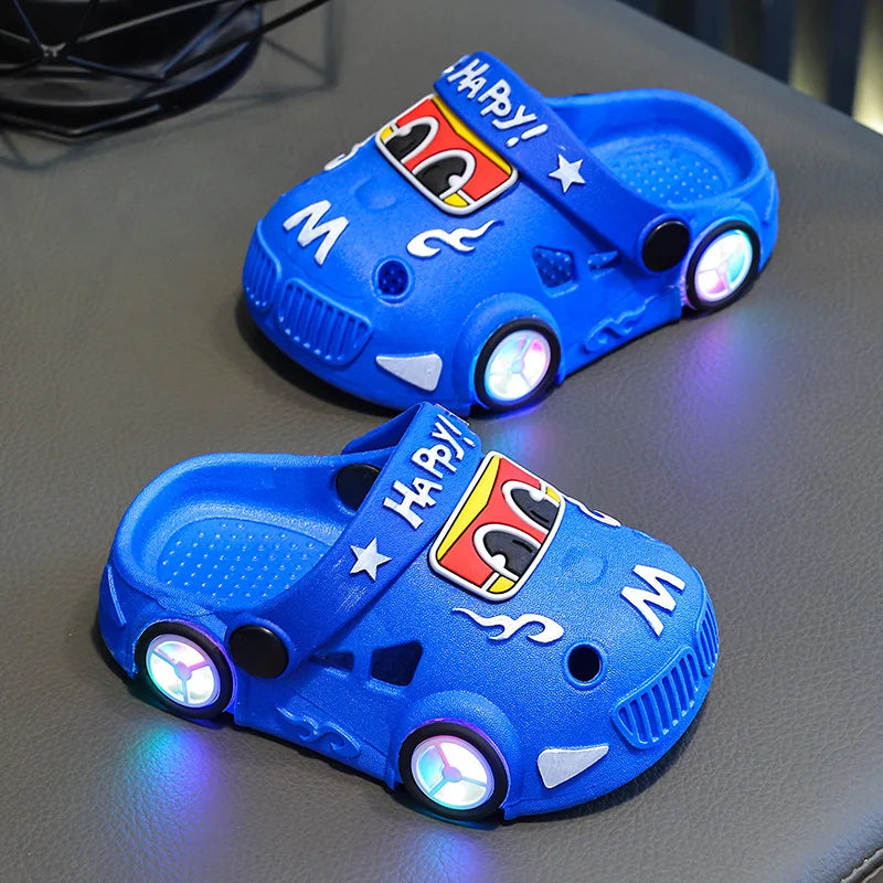 Children's Slippers 2026 Summer New Boys' Car Shaped Wheels Will Light Up Anti Slip Soft Bottom Baby Beach Slippers