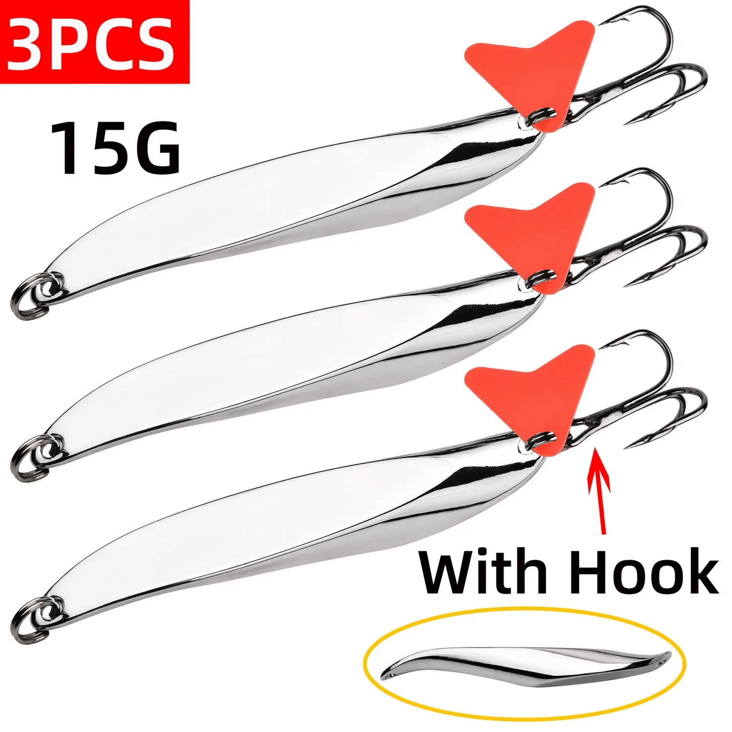 3PCS Hard Bait Silver Spoon Jigging Lure Metal Treble Hook Casting Blade Spinner Trolling Spoons Stainless Sheel Spinner Bait