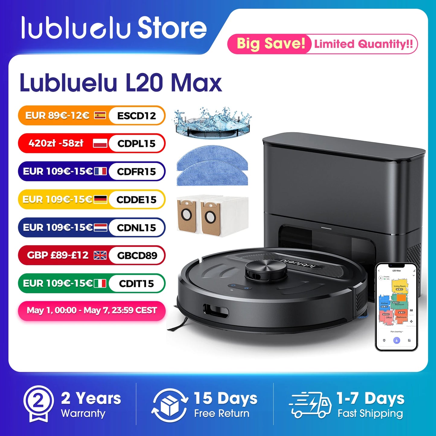 Lubluelu L20Max Self-Emptying 3-in-1 Robot Vacuum Mop - 6000Pa Suction LiDAR Navigation Large Dust Bag Hands-Free 120min Runtime