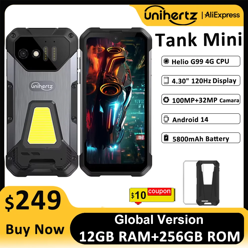 Unihertz 8849 Tank Mini Rugged Smartphone 4.3 Inch Small Cell Phone 24GB+256GB Android 13 5800mAh 100MP Cameras IP68/IP69K Phone
