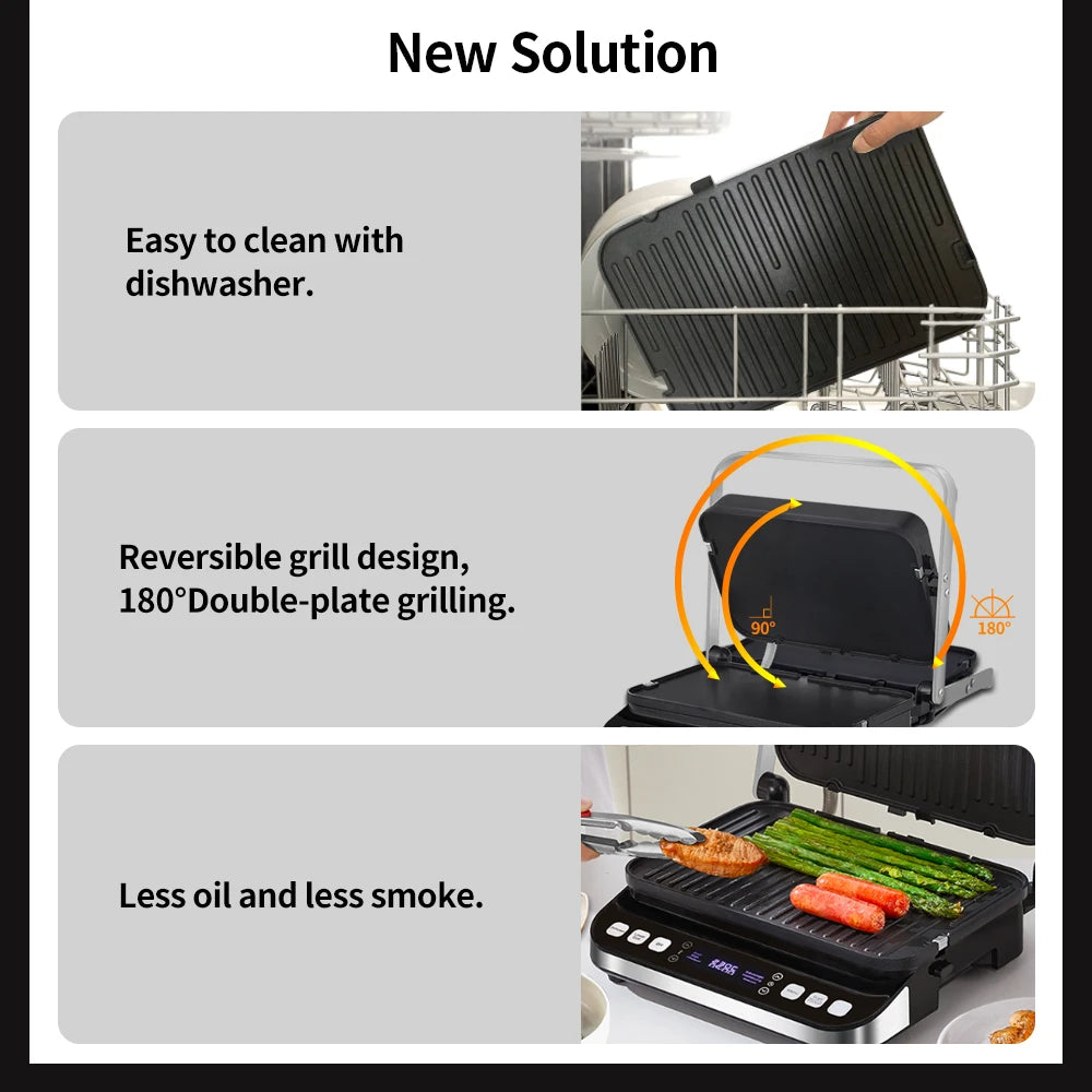 BioloMix 2000W Digital Contact Grill Features 180 Degree Open Design Optional Waffle Maker Plates for Panini BBQ and More
