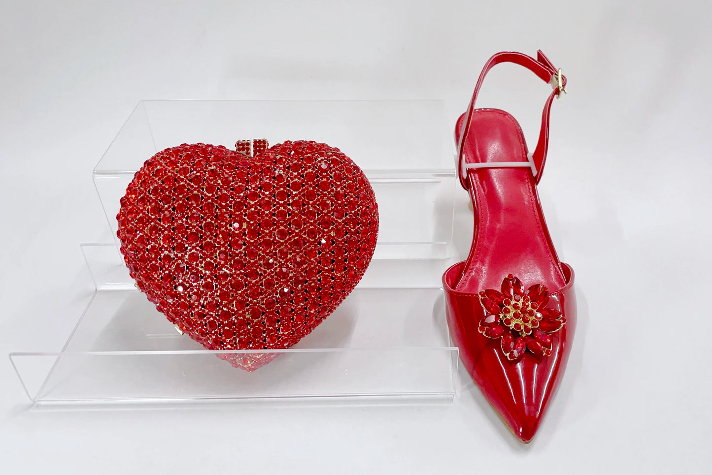 INSIGHTLINK Red Color Party Shoes and Bags Nigerian Women’s Suit Medium Heel Pointed Toe Women’s Shoes  Rhinestones sandals Red