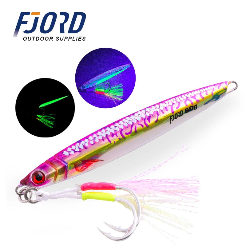 FJORD 3D Printing Metal Jig Night Glow Vertical Jig 40g 60g 80g Laser Strong Glow Silk UV Point Pike Hook Fishing Lure Supply