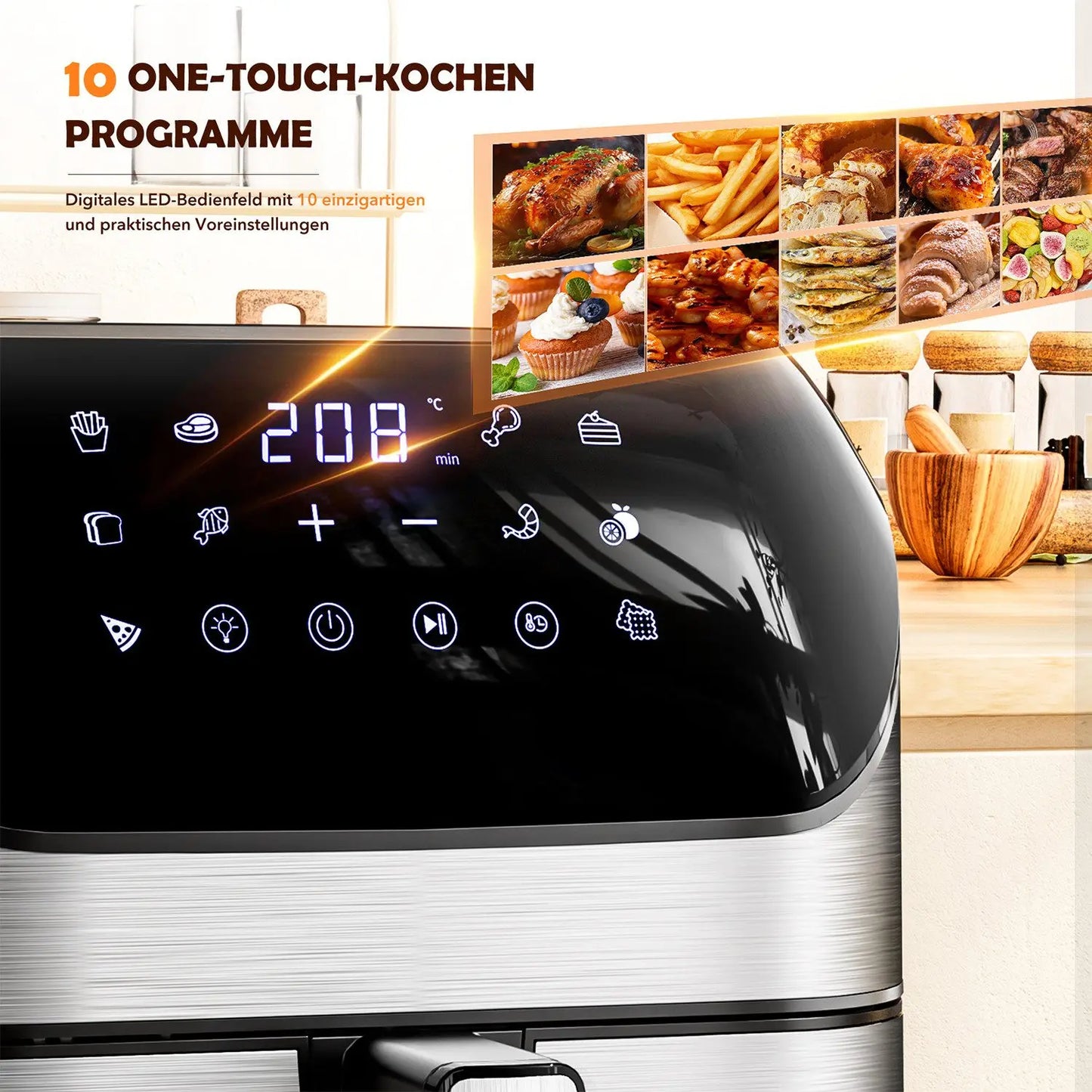 Hot Air Fryer 8L, Oil-Free Airfryer 1800W, 10 Cooking Modes, 80-200°C, Baking, Roasting, Grilling, Defrosting