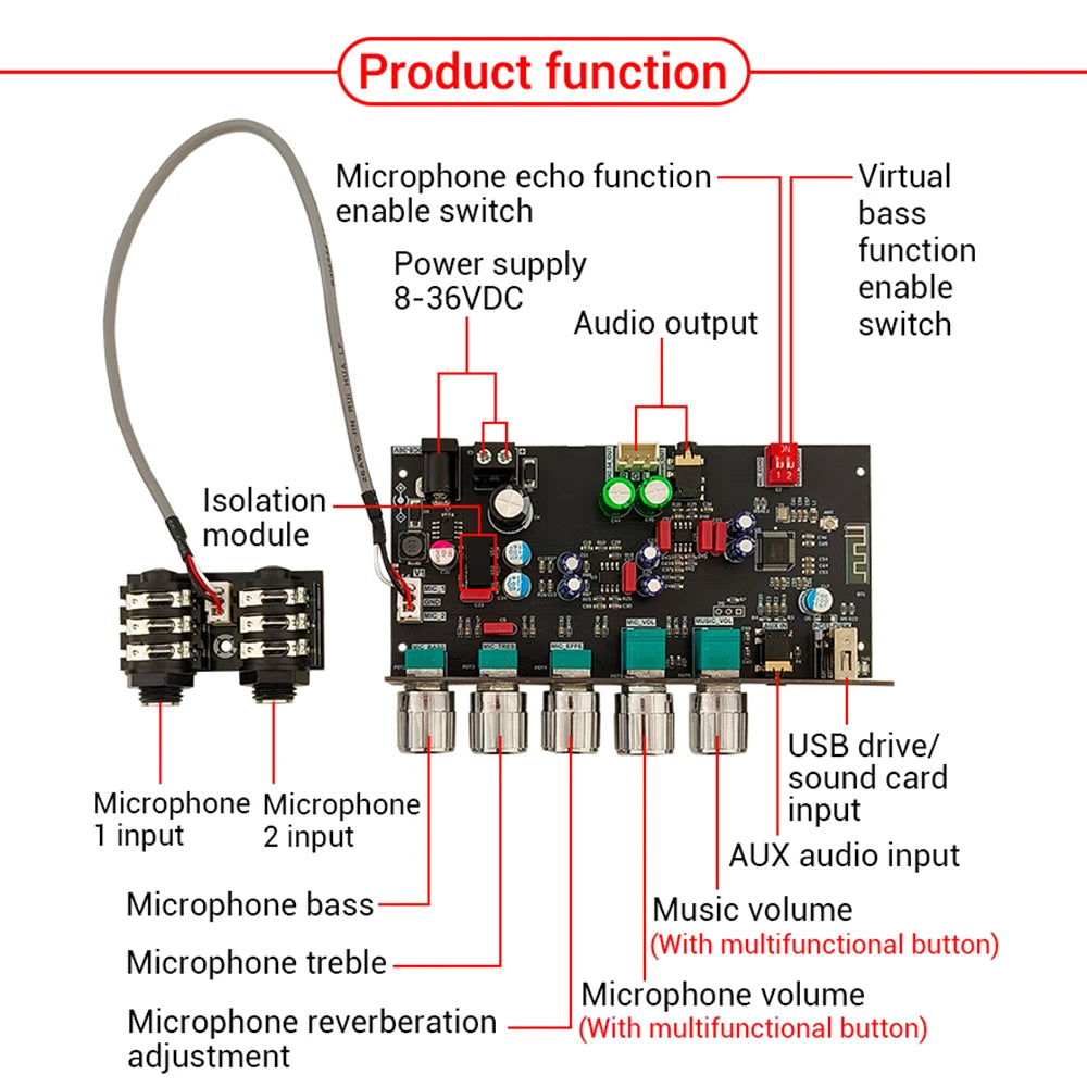 DC 8-36V ZK-DAM-H2 Upgraded Reverb Board Isolation Low Noise Front Stage Effect Device External Mic BT USB Decoding Supports TWS