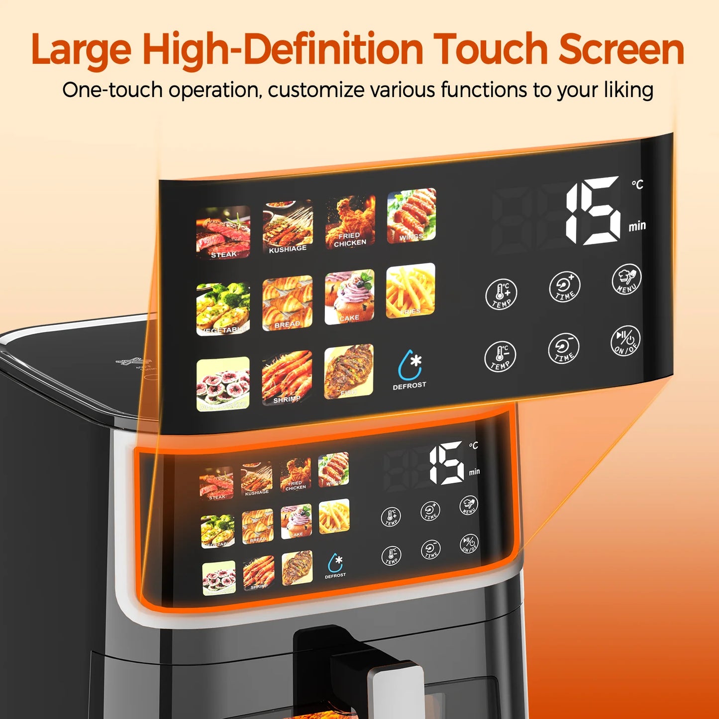 Patbrela Non-fat fryer 8L Large Hot Air Frye with Led Screen 11 Preset Functions Roast Bake Dehydrate Reheat Quiet Non-Stick