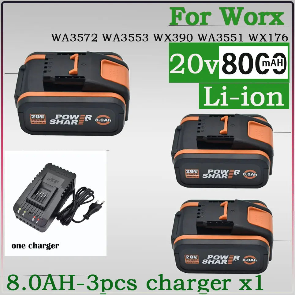 Worx Original 20V 8.0Ah Lithium battery Rechargeable WA3553 WA3551 WA3553.1 WA3570 for All WORX Electric and Garden Tools