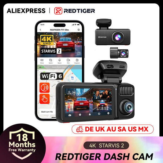 REDTIGER F17 Elite 4K 3 Channel Dash Cam 5.8Ghz Wifi 6 Full Night Color Touch Screen Voice Control Car Cameras 128GB Card HDR