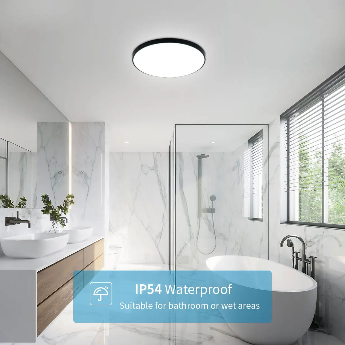 24W LED Round Ceiling Light, Waterproof Modern Black Plastic Flush Mount Fixture for Bedroom, Living Room, Kitchen