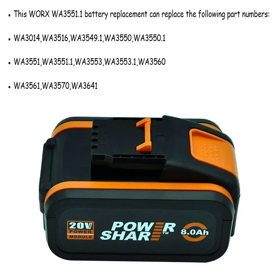 Worx Original 20V 8.0Ah Lithium battery Rechargeable WA3553 WA3551 WA3553.1 WA3570 for All WORX Electric and Garden Tools