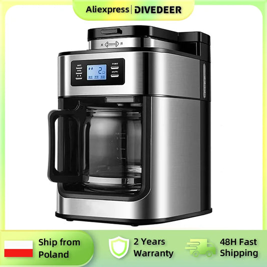 DIVEDEER Home Coffee Maker Machine 1000W Automatic display Bean Grinder Fresh Grinding American Espresso Coffee Tea Milk