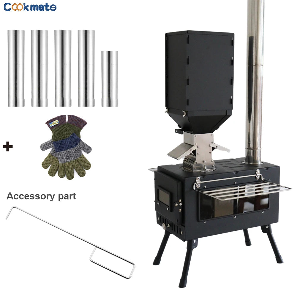 Portable Outdoor Camping Wood-burning Stove Wood Burner Stainless Steel Foldable Tent Heater w Tent Fire Window Patio Fireplace