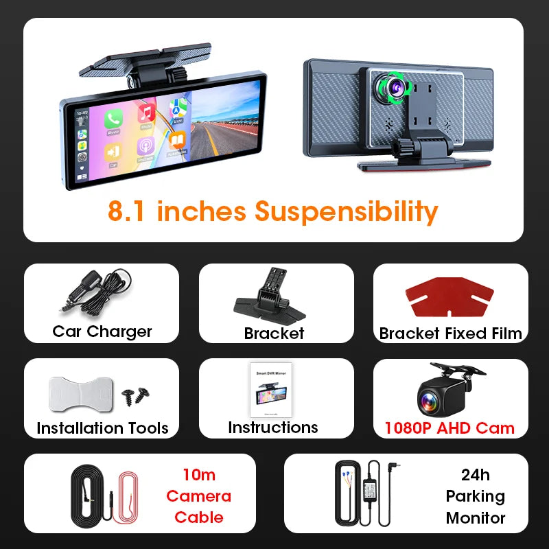 8.1 inch Wireless Carplay&Android Auto 2.5K Car DVR Multimedia 5G WIFI Dashcam Rearview Camera GPS Navigation Dashboard FM AUX