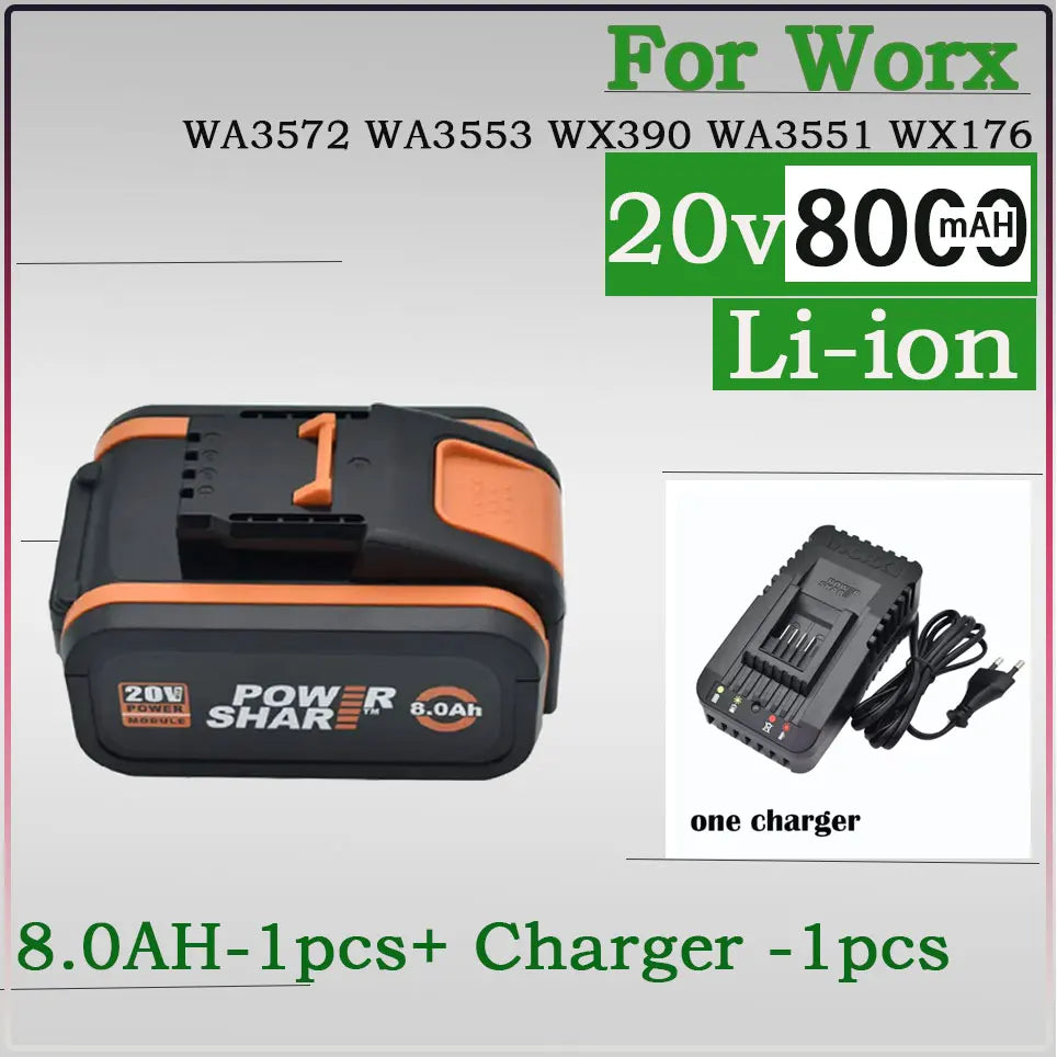 Worx Original 20V 8.0Ah Lithium battery Rechargeable WA3553 WA3551 WA3553.1 WA3570 for All WORX Electric and Garden Tools