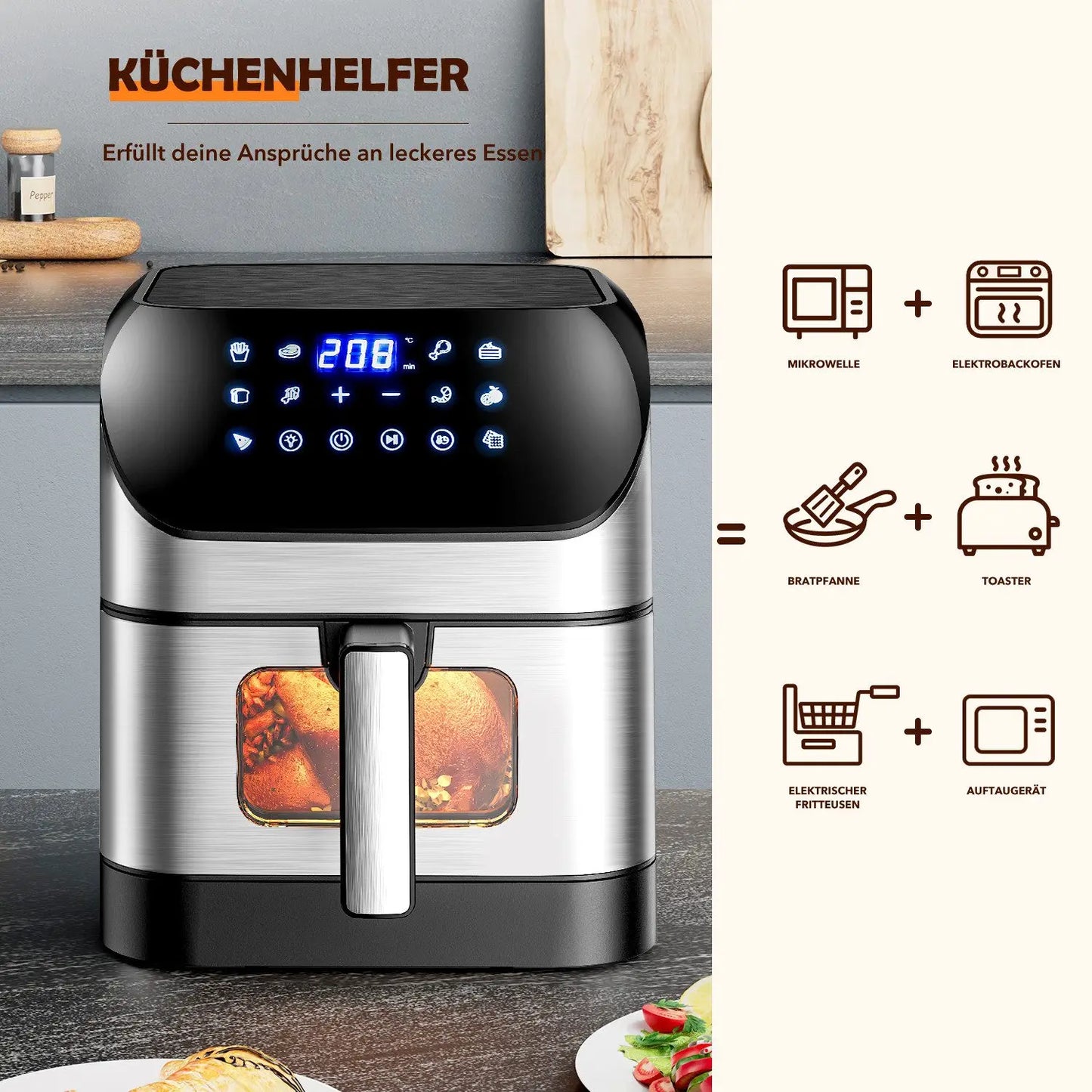 Hot Air Fryer 8L, Oil-Free Airfryer 1800W, 10 Cooking Modes, 80-200°C, Baking, Roasting, Grilling, Defrosting
