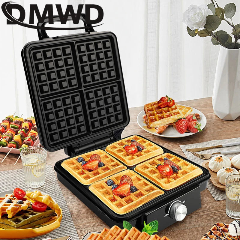 DMWD Electric Waffle Maker Multifunction Breakfast Crepe Baking Machine Muffin Grill Egg Cake Oven 4 pieces Waffle Bakeware EU