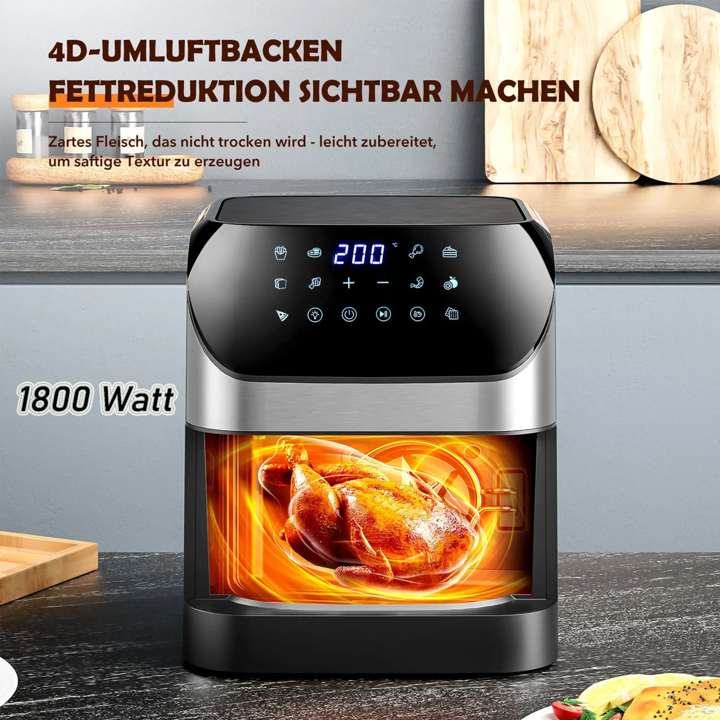 Hot Air Fryer 8L, Oil-Free Airfryer 1800W, 10 Cooking Modes, 80-200°C, Baking, Roasting, Grilling, Defrosting
