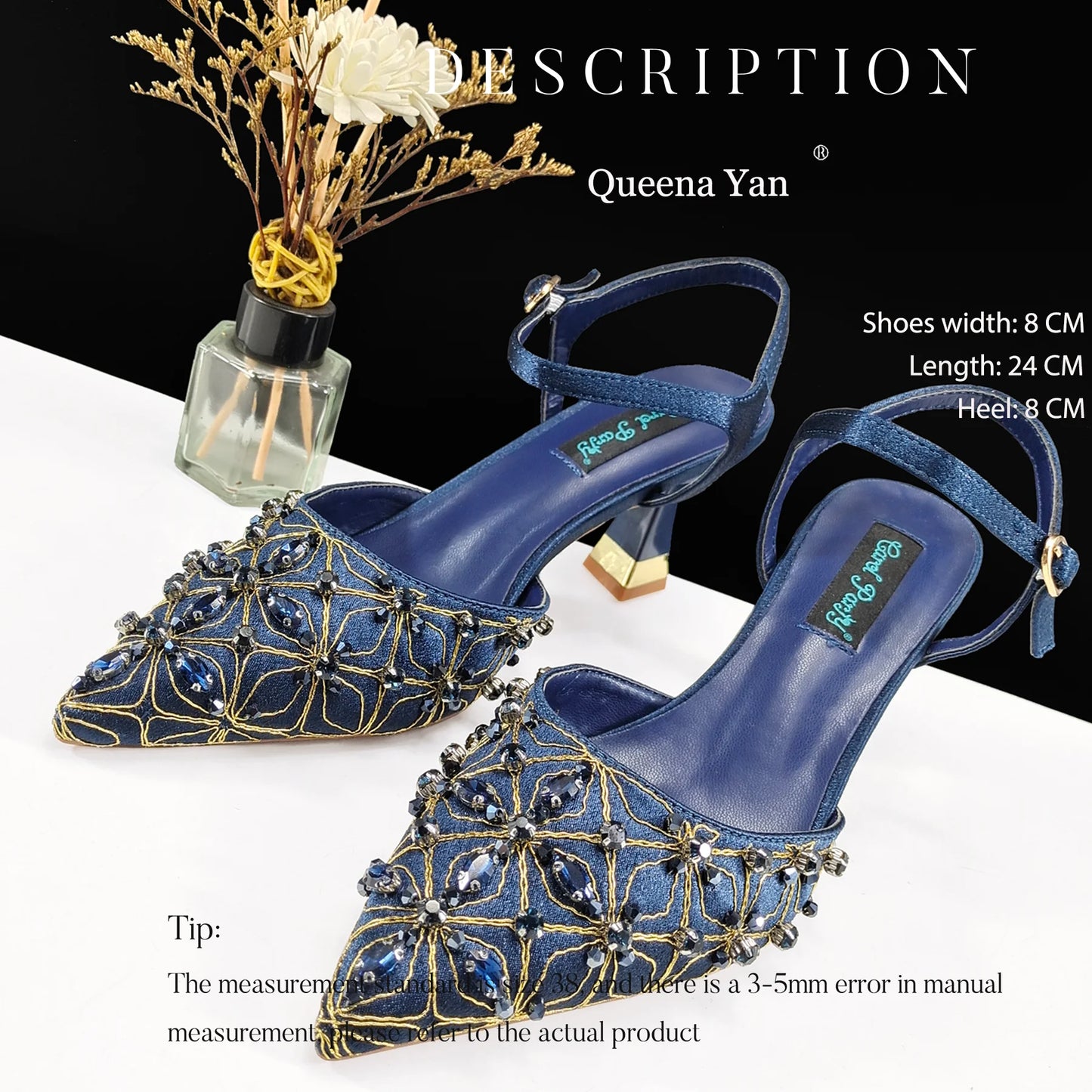 Queena Yan The best gift: Sweet Design Embroidered Beaded Pointed Toe Shoes Comfortable Square Heel Sandals