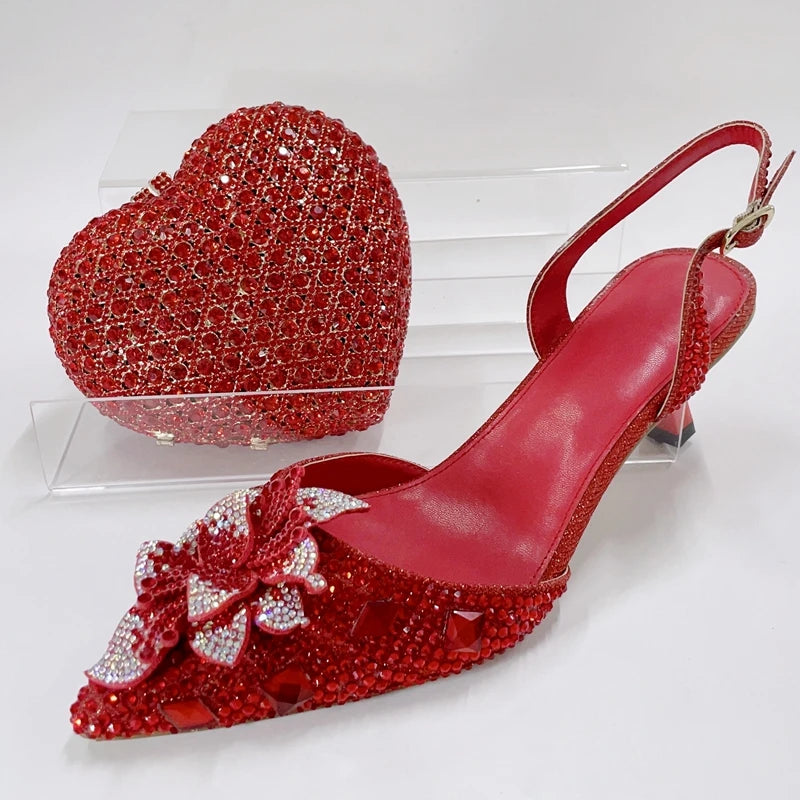INSIGHTLINK Red Color Party Shoes and Bags Nigerian Women’s Suit Medium Heel Pointed Toe Women’s Shoes  Rhinestones sandals Red