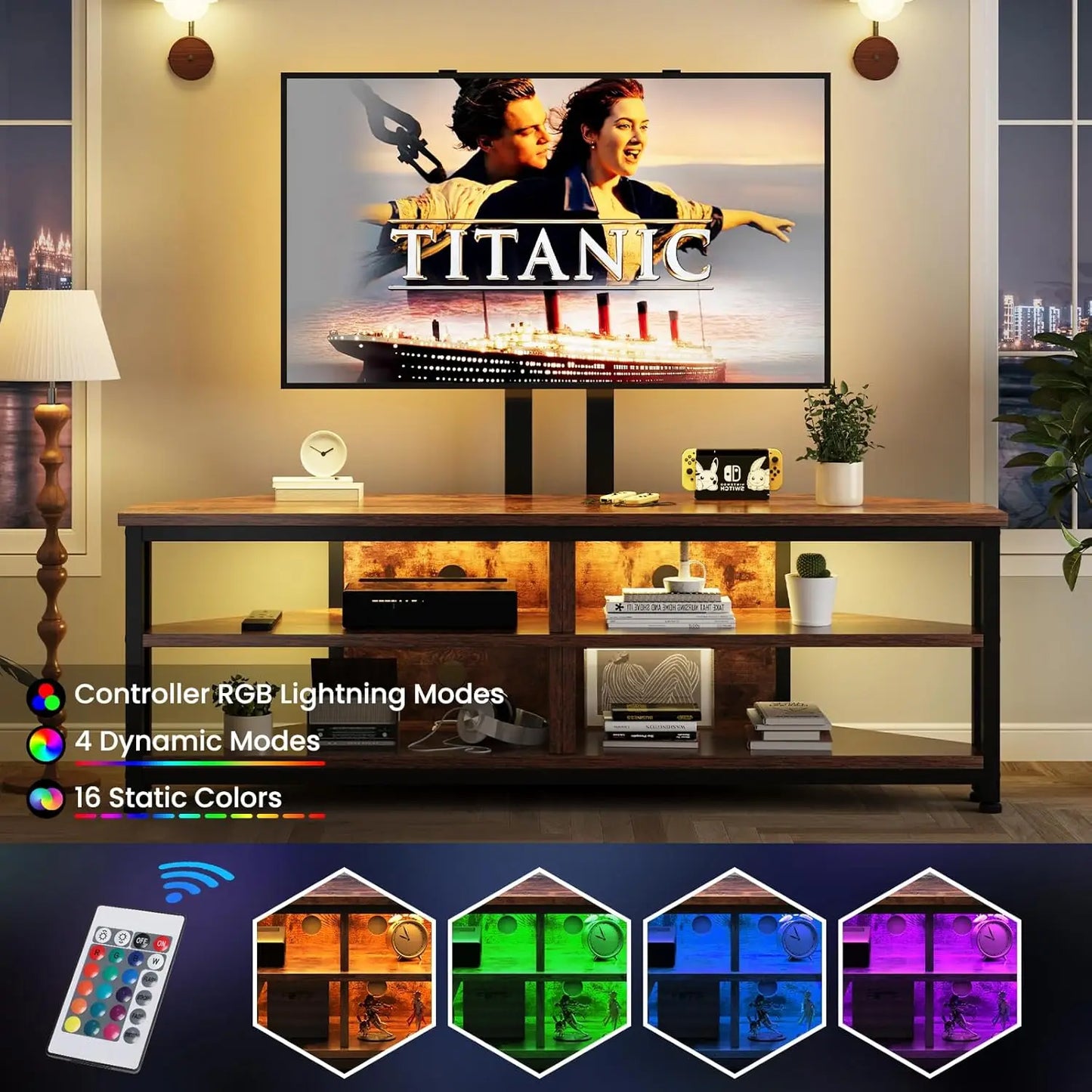 Dripex TV Stand Cabinet with LED Lighting and TV Mount, Corner Cabinet TV Unit for up to 70 Inch TV with Open Gaming Center
