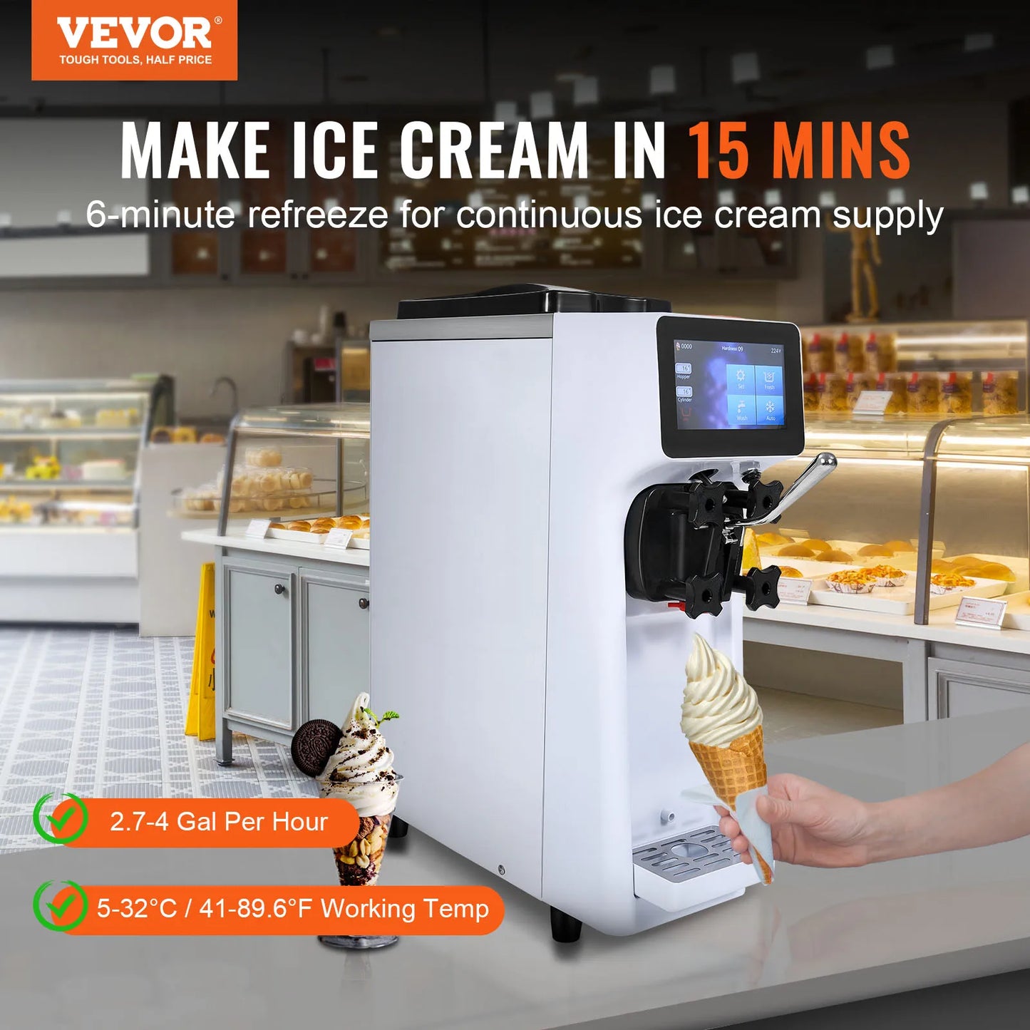 VEVOR Commercial Ice Cream Machine 10.6 QT/H Yield 1000W Single Flavor Countertop Soft Serve Ice Cream Maker 4L Hopper  Cylinder