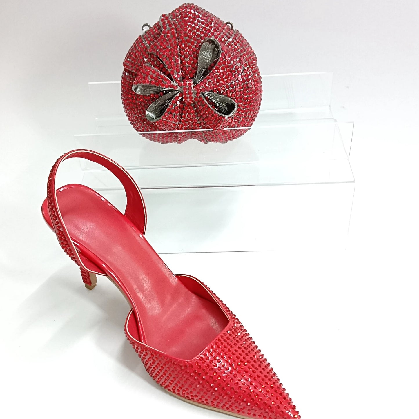 INSIGHTLINK Red Color Party Shoes and Bags Nigerian Women’s Suit Medium Heel Pointed Toe Women’s Shoes  Rhinestones sandals Red