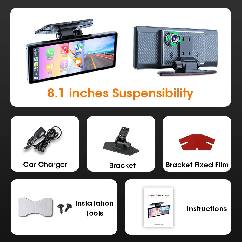 8.1 inch Wireless Carplay&Android Auto 2.5K Car DVR Multimedia 5G WIFI Dashcam Rearview Camera GPS Navigation Dashboard FM AUX