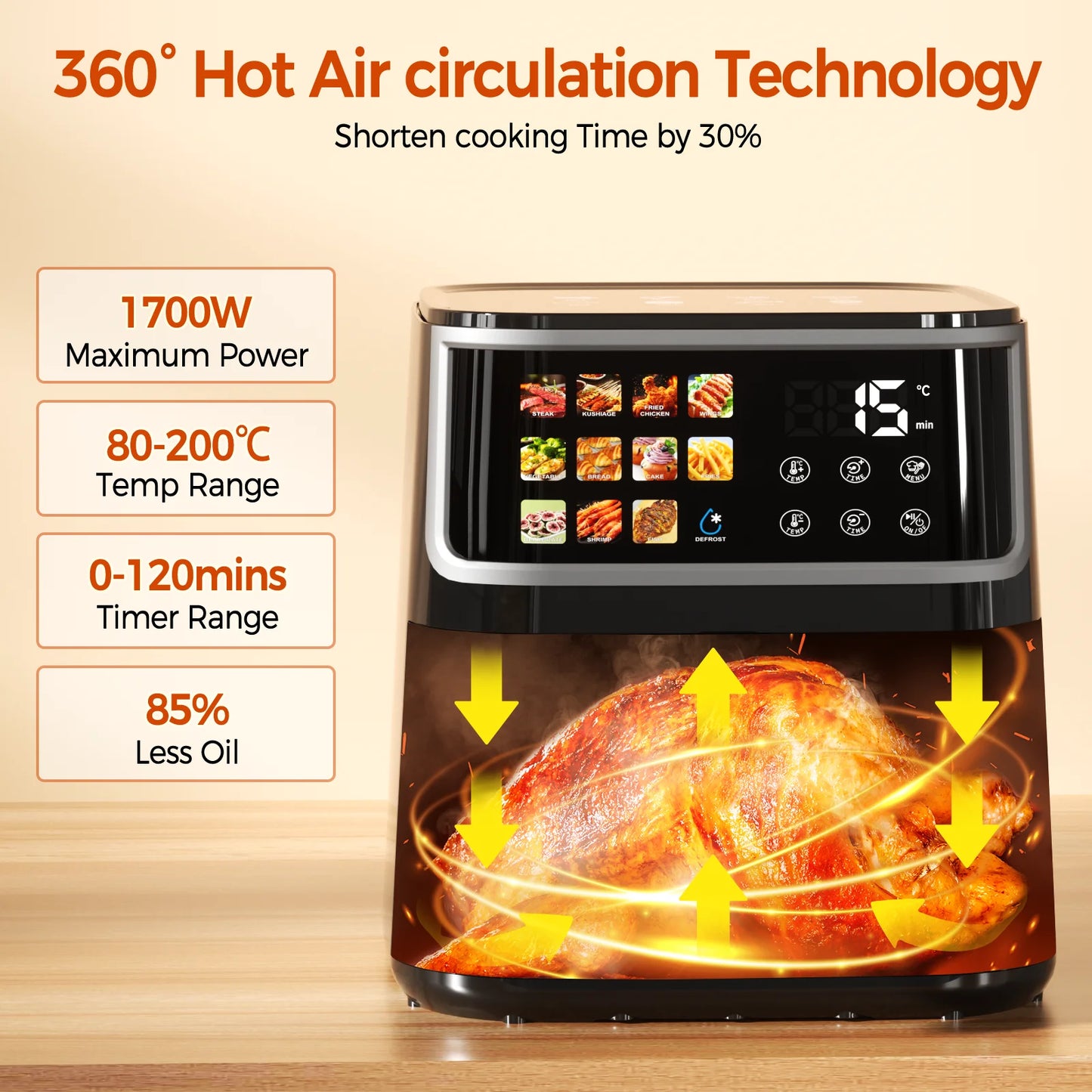 Patbrela Non-fat fryer 8L Large Hot Air Frye with Led Screen 11 Preset Functions Roast Bake Dehydrate Reheat Quiet Non-Stick