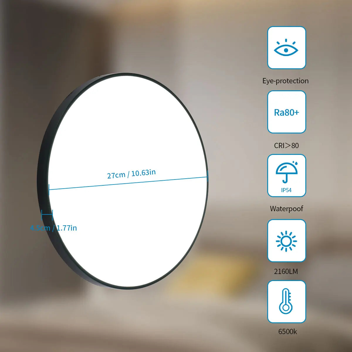 24W LED Round Ceiling Light, Waterproof Modern Black Plastic Flush Mount Fixture for Bedroom, Living Room, Kitchen