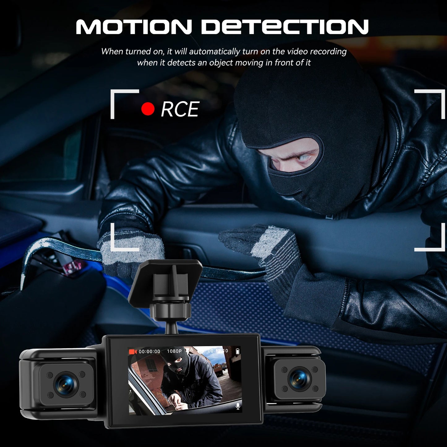 Podofo 3'' 1080P Car Dash Cam Loop Recording Night Vision Car Recorder 4 Lens Reversing Help Motion Detection Parking Monitor
