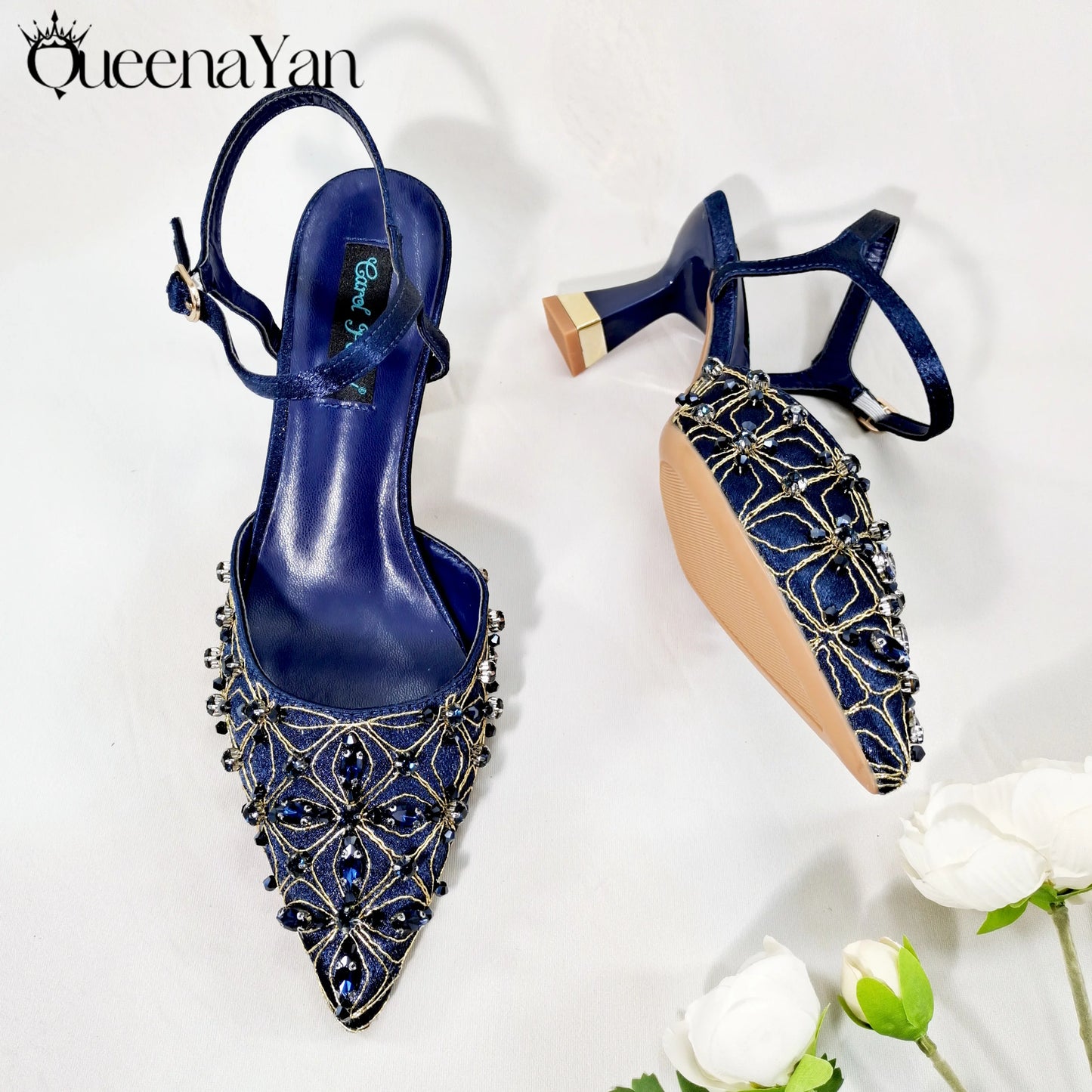 Queena Yan The best gift: Sweet Design Embroidered Beaded Pointed Toe Shoes Comfortable Square Heel Sandals