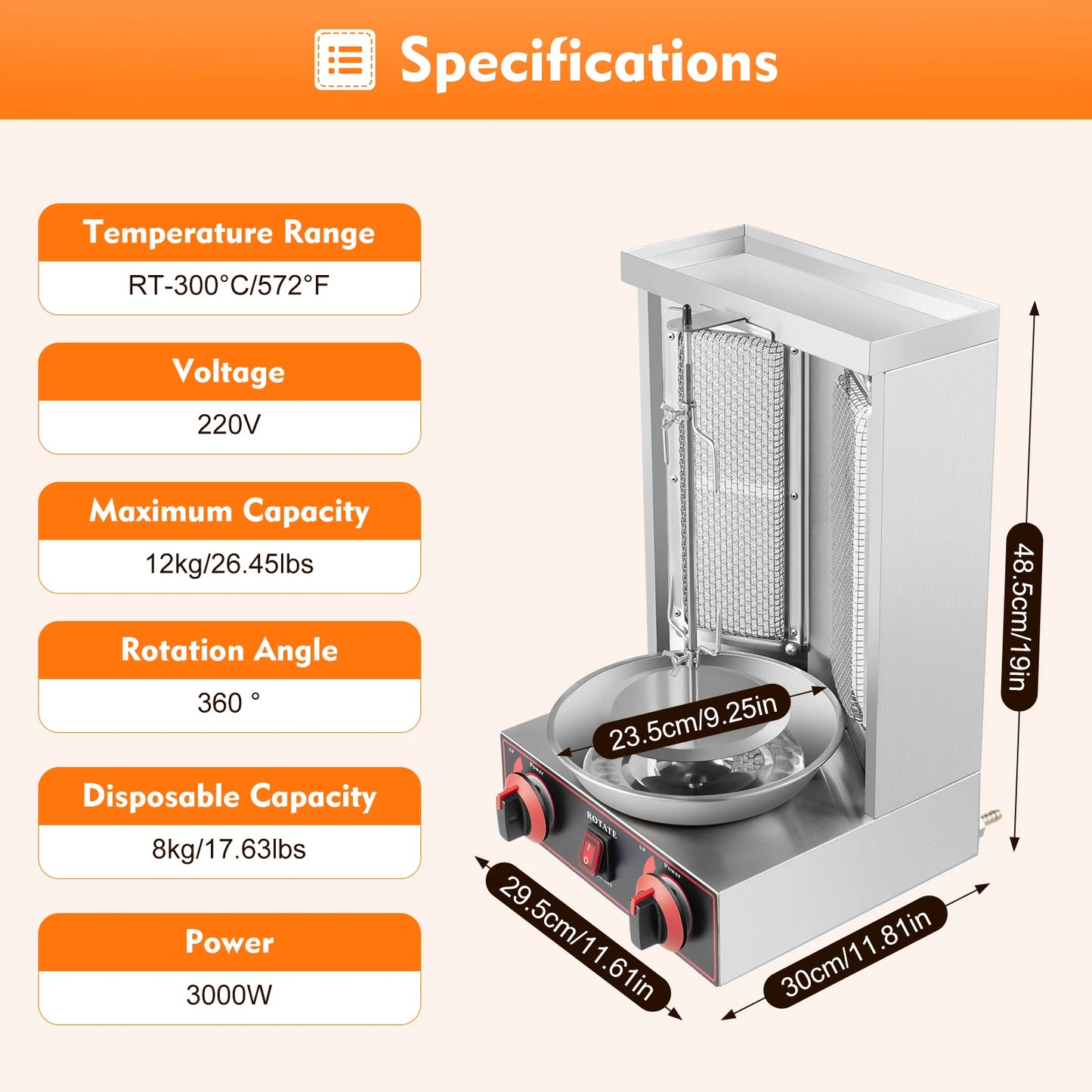 3000W Gas Vertical Shawarma Machine Doner Kebab Grill Gyro Rotisserie Oven Meat Broiler with 2 Burner for Home Restaurant